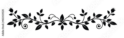 Vector art of elegant black vine with leaves and flowers, isolated on white background.