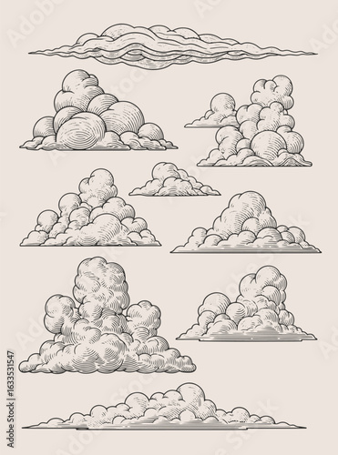 Vintage hand-drawn cloud illustration set, engraved sketch style clouds collection, retro weather design elements, black and white sky graphics