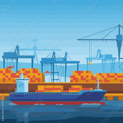 Cargo Ship at Industrial Port with Cranes