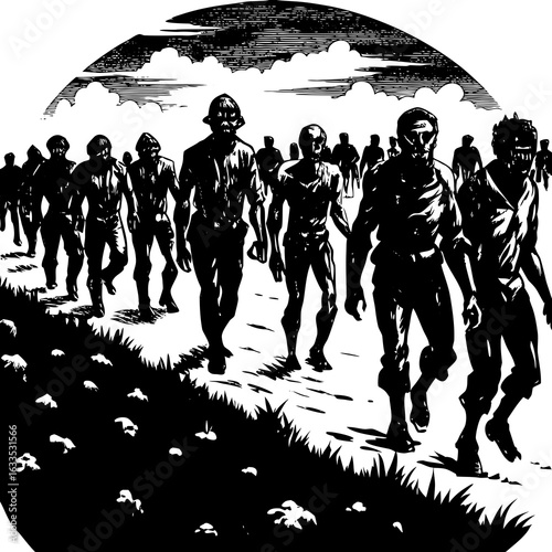 A large crowd of zombies marches forward, a terrifying sight to behold