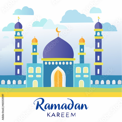 Stylized mosque gateway and crescent silhouette in a serene setting, suitable for festival programs, charity events, and educational resources about Islam
