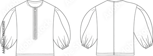 Blouse technical drawing, front and back view, fashion flat sketch, voluminous sleeves, elastic cuffs, button placket, round neckline, garment design template, vector outline.