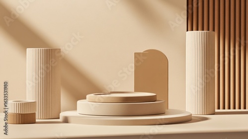 Beige minimalist scene with geometric shapes and soft shadows