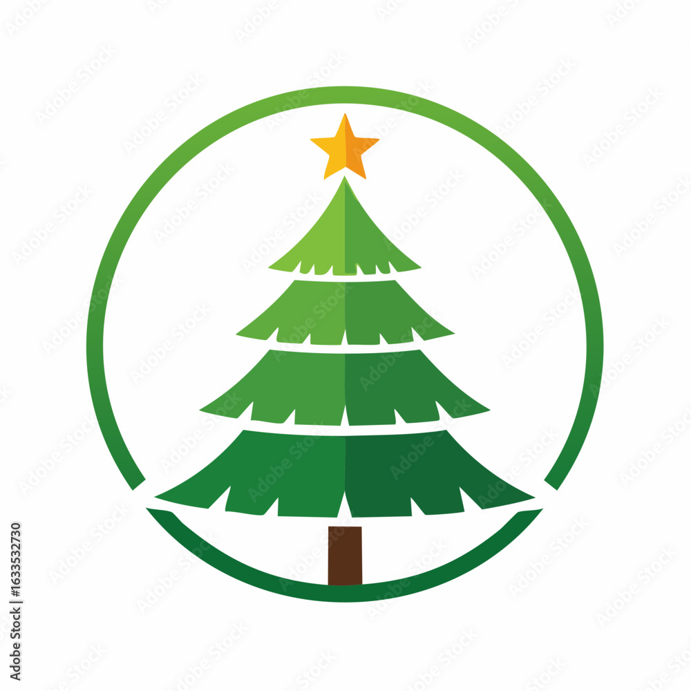 Obraz premium Festive geometric Christmas tree with layered triangular shapes and a bright star on top, ideal for holiday cards, seasonal banners, retail campaigns, and home decor catalogs 
