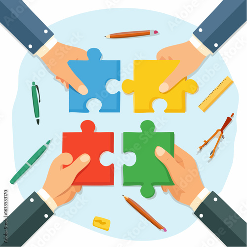 Interactive problem-solving scene with multiple participants fitting puzzle pieces together, suitable for business blogs, HR brochures, and organizational development guides
