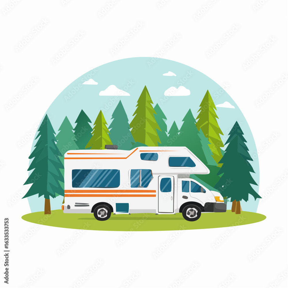 Obraz premium Friendly caravan design with a cheerful vibe, designed for camping gear promotions, park brochures, and lifestyle storytelling in travel media 