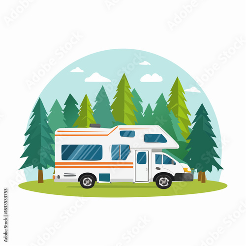 Friendly caravan design with a cheerful vibe, designed for camping gear promotions, park brochures, and lifestyle storytelling in travel media
