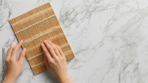 Hands gently holding a light beige woven bamboo mat on a white marble surface