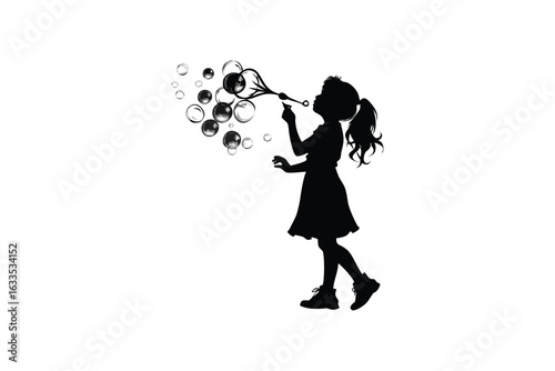 A young girl with her hair in a ponytail blowing a stream of bubbles with a wand in a playful silhouette against a white background capturing a moment of childhood joy and imagination silhouette