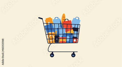 Shopping cart filled with bags, food, and boxes on a solid background