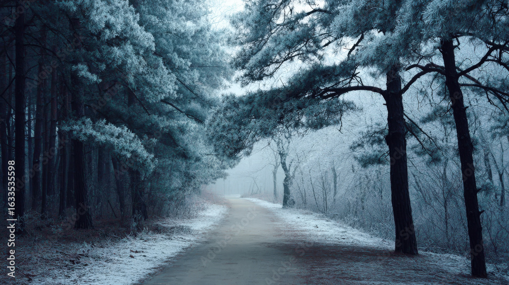 Fototapeta premium solitary path winds through tranquil winter forest surrounded by towering trees and soft snowflakes