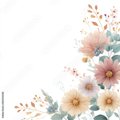 Watercolor floral corner evokes delicate, graceful feel