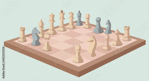Isolated isometric chess game with ivory and blue pieces on a checkered board