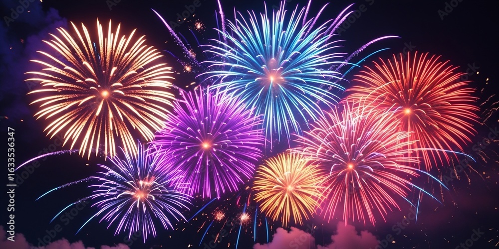 Naklejka premium Colorful fireworks bursting in the night sky, vibrant celebration background with glowing sparks and radiant light – AI-Generated
