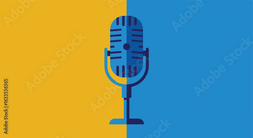 Retro microphone graphic on two-tone blue and yellow background
