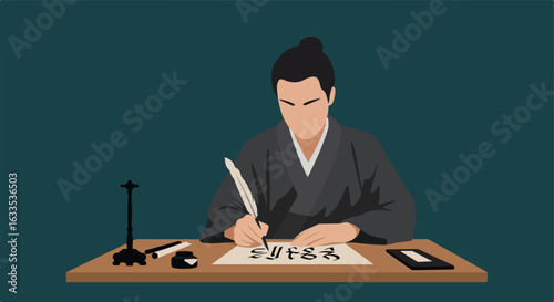 Man in kimono writes calligraphy at desk with feather quill and ink