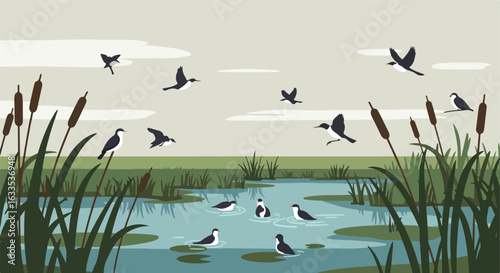 Aquatic birds over a pond with reeds and cattails, against a cloudy sky