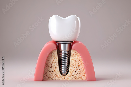 Crosssection of a dental implant showing the titanium screw embedded in the jawbone with a white crown
