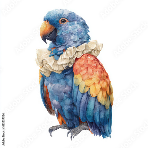 Watercolor parrot in ruffled vest, so regal and captivating