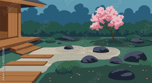 Zen garden with cherry tree and wooden path to house on an overcast day