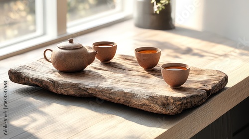 A rustic wooden tray holds a small teapot and two teacups filled with amber liquid, positioned near a window