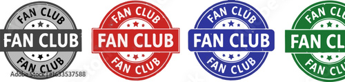 Fan Club stamp badges in gray, red, blue and green on white background