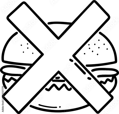 Obesity Health Risks Concept. a cross or medical symbol over a food item. Represents limiting unhealthy foods, dietary restrictions for health. Hand-drawn outline icon