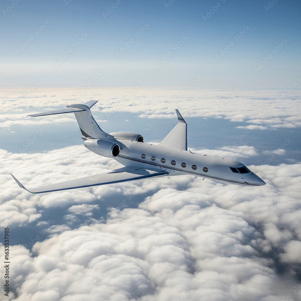 Obraz premium Luxury private jet flying above the clouds - Business travel and corporate aviation - Wealth and high-end lifestyle