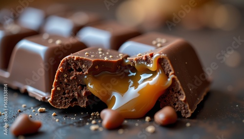 a close up of a broken chocolate bar, revealing a gooey caramel center, decadent and detailed.