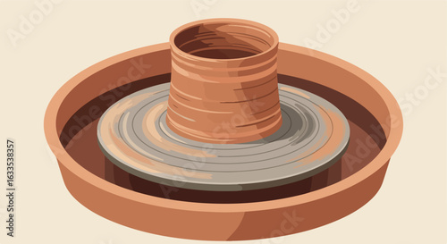 Potter's wheel with cylindrical clay piece, light brown background