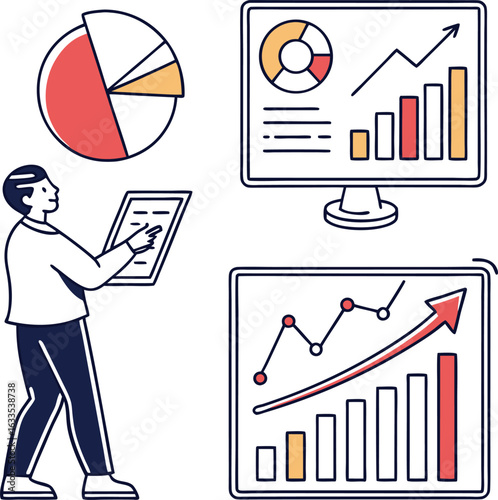 Business man analyzing growth graph with financial data and technology icons