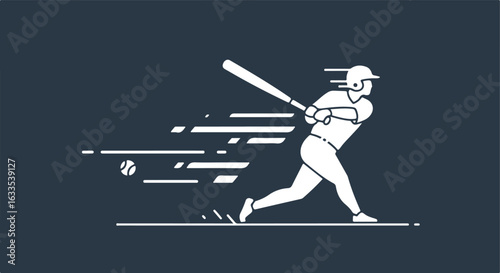 Baseball player swings bat, white outline on dark blue, with motion streaks