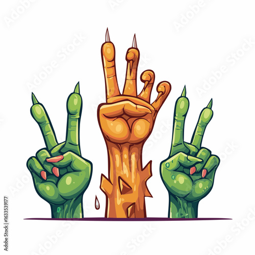 Quirky undead hand symbol with crossed digits, designed for marketing collateral, party invitations, and entertaining educational content
