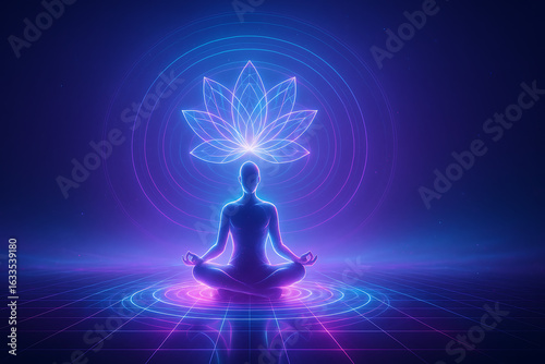 Meditating person silhouette with glowing lotus flower hologram above, vibrant neon blue purple light, serene spiritual energy, mindfulness concept, futuristic aura, calm peaceful meditation scene

