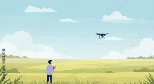 Drone flies over field, controlled by person, against sky with clouds