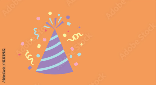 Striped birthday hat with confetti on an orange background
