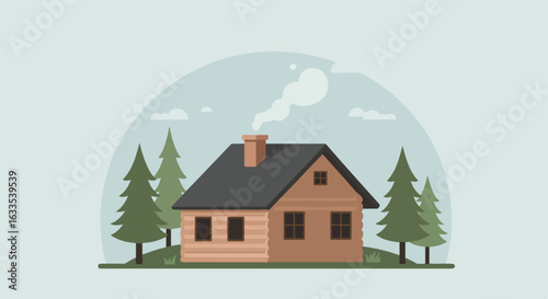 Log cabin home amongst pine trees with smoke billowing from chimney