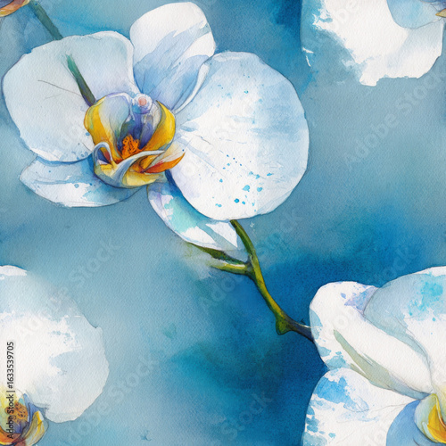 White orchid blooms delicately in artistic watercolor style