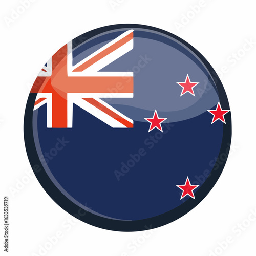 Glossy circular badge featuring the New Zealand flag with Pacific motifs, ideal for travel promotions, cultural events, and educational resources about NZ
