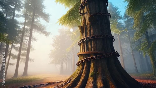 Mysterious forest setting with a tree bound by chains at sunrise