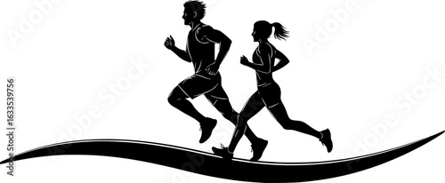 Silhouette of man and woman running side by side, symbolizing fitness, healthy lifestyle, exercise, marathon training, and active sports activity design. Vector illustration. EPS version.
