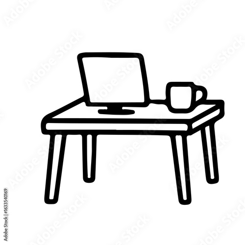 Simple black line icon of a workspace with laptop and coffee mug on a table. Ideal for remote work, home office, freelance, and productivity concepts. Isolated vector on white background