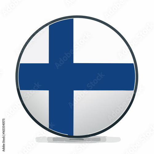 Modern round flag emblem displaying Finland’s national colors in a glossy circular form, perfect for tourism campaigns, embassy materials, and branding
