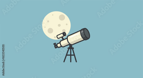 Cartoon telescope on tripod with full moon against light blue background