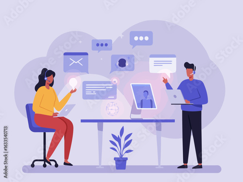 Tech Support Automation with AI Bots Vector Illustration - AI Tools for Communication and Customer Support Concept	