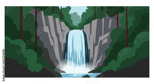 Scenic waterfall cascades between rocky cliffs surrounded by green foliage