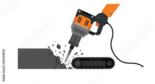 Concrete being broken by a jackhammer held by a gloved hand, track nearby