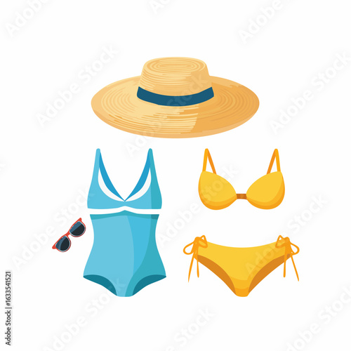 Modern round badge showcasing fashionable swimwear pieces for branding collateral, posters, and online ads
