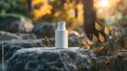 White pump bottle on a rock, autumnal park setting