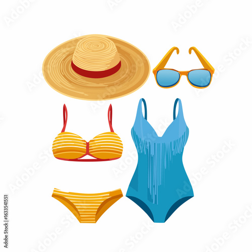 Bright round icon featuring a bikini, swimsuit, and sun hat, perfect for beachwear promotions, magazine layouts, and lifestyle marketing

